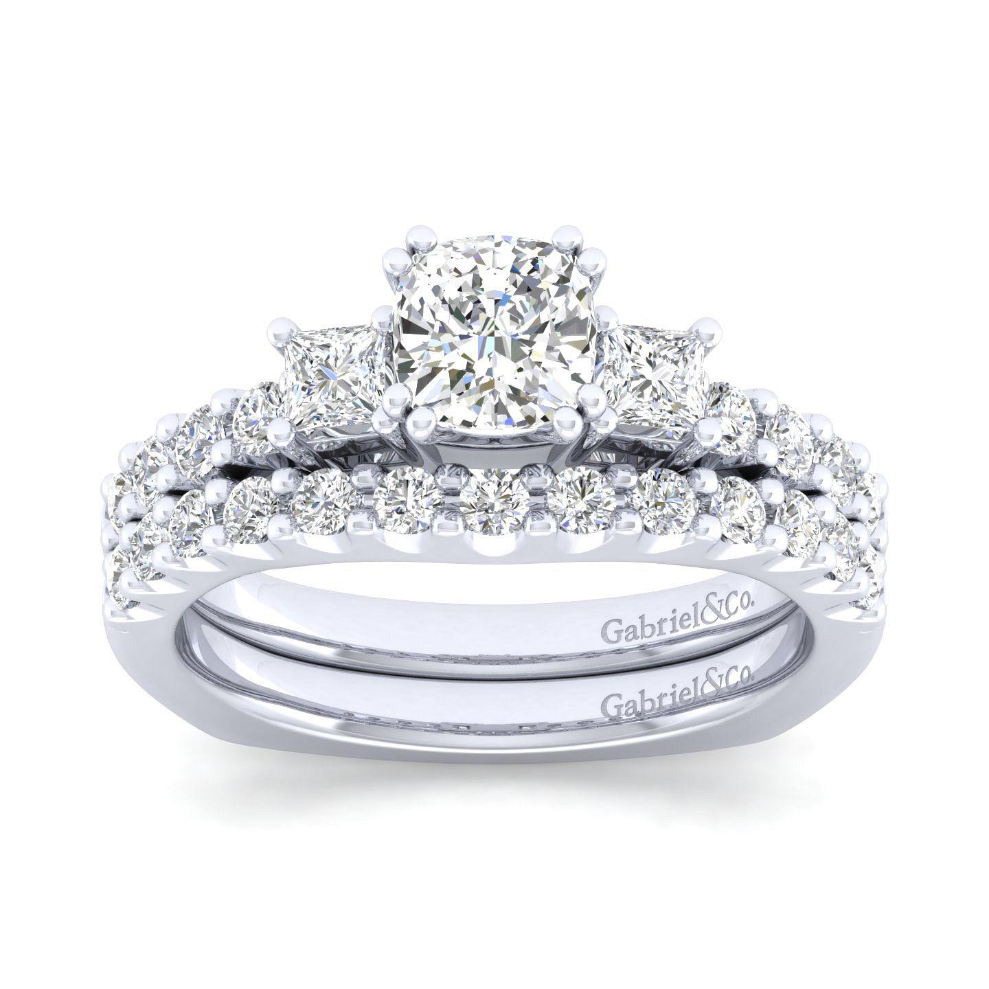 14K White Gold Cushion Cut Three Stone Diamond Engagement Ring