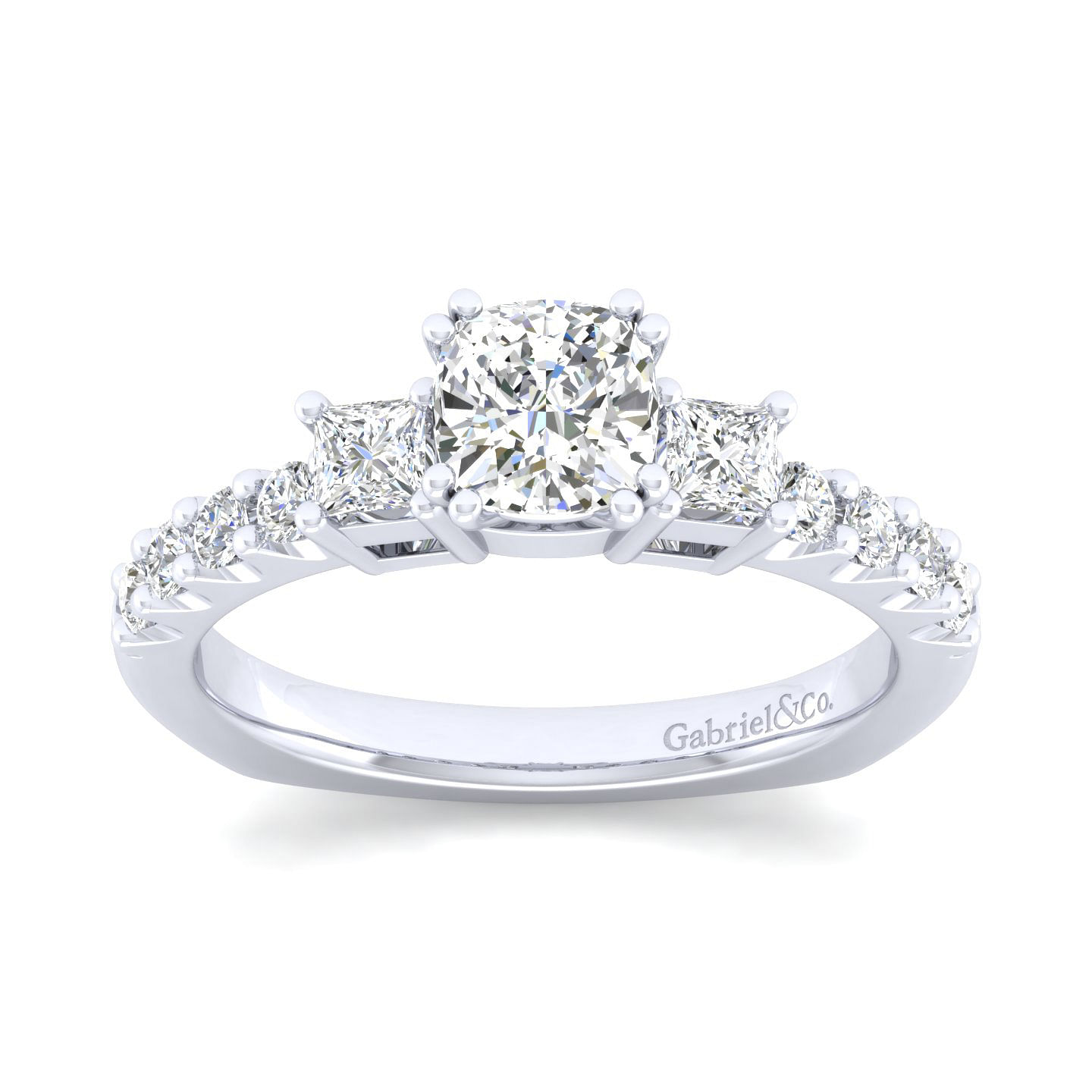 14K White Gold Cushion Cut Three Stone Diamond Engagement Ring