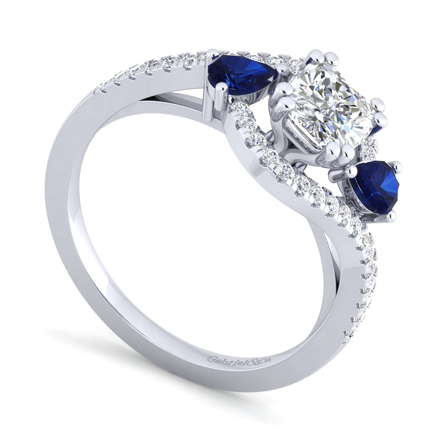 14K White Gold Cushion Cut Three Stone Sapphire and Diamond Engagement Ring