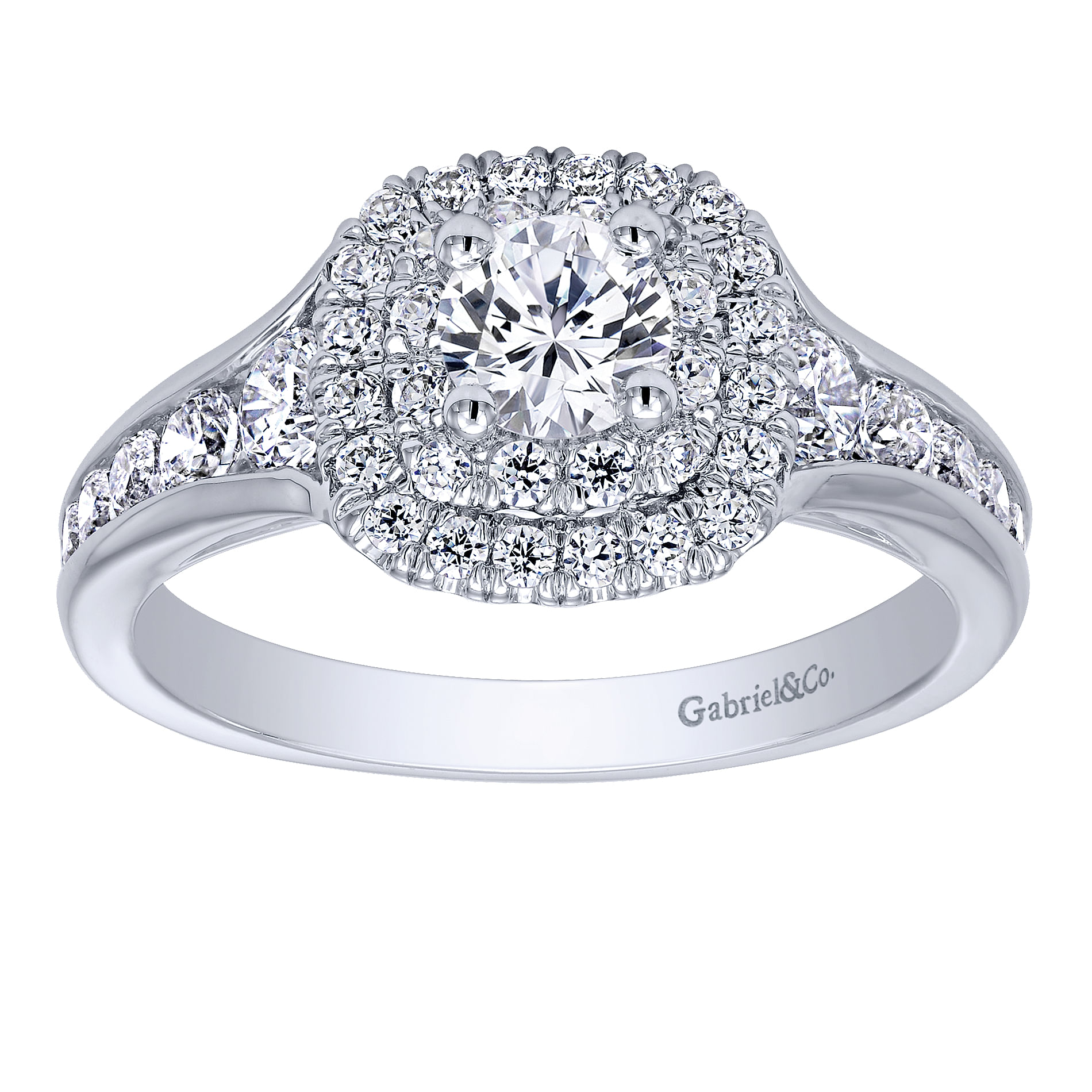 14K White Gold Cushion Double Halo Round Diamond Complete Engagement Ring
