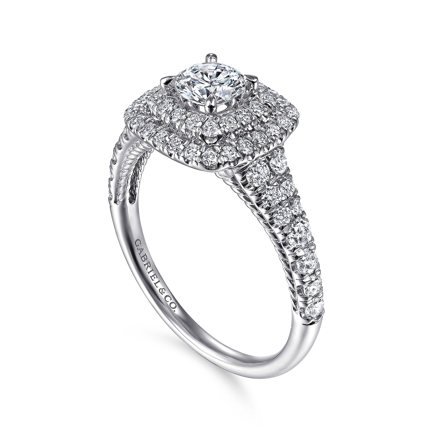 14K White Gold Cushion Double Halo Round Diamond Engagement Ring
