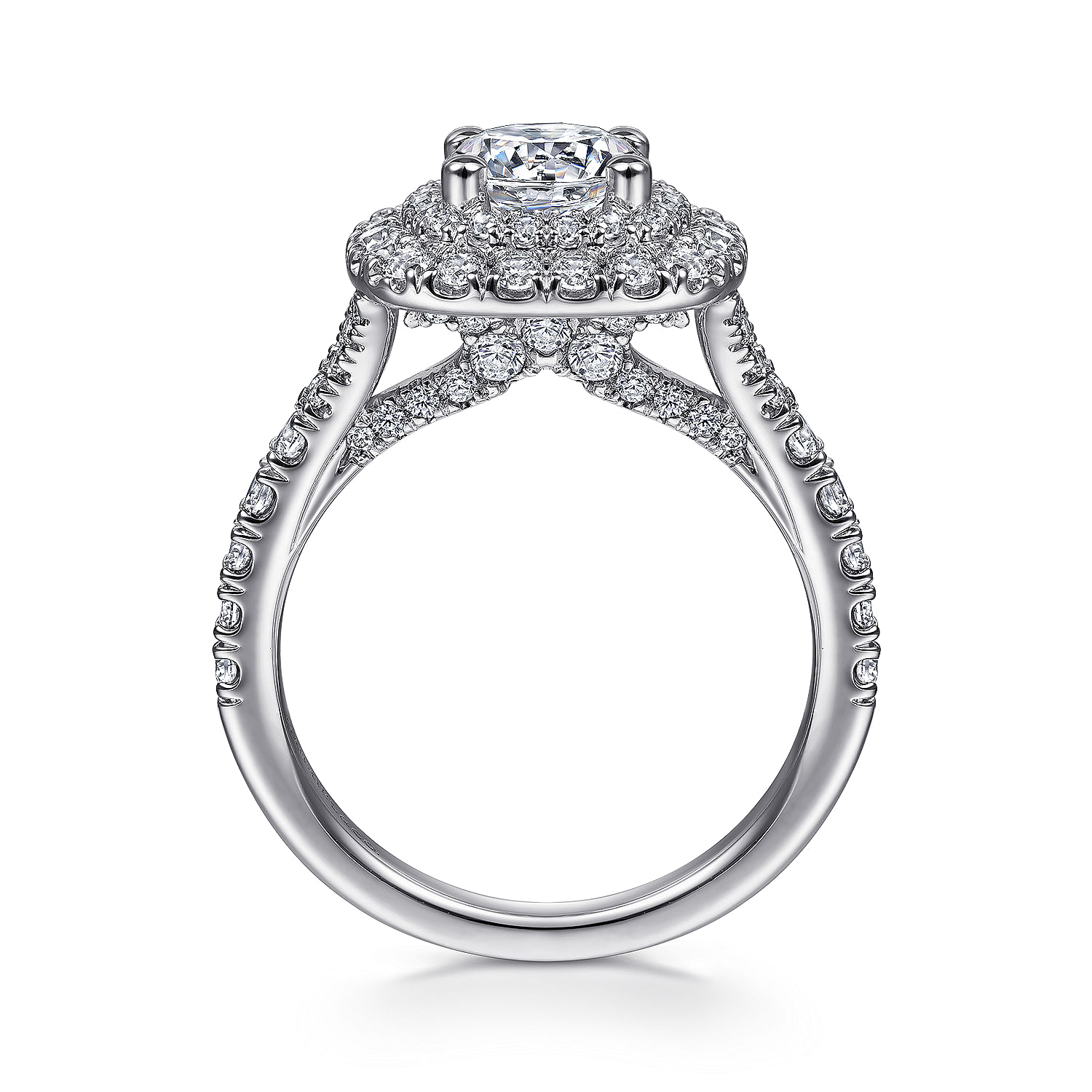 14K White Gold Cushion Double Halo Round Diamond Engagement Ring