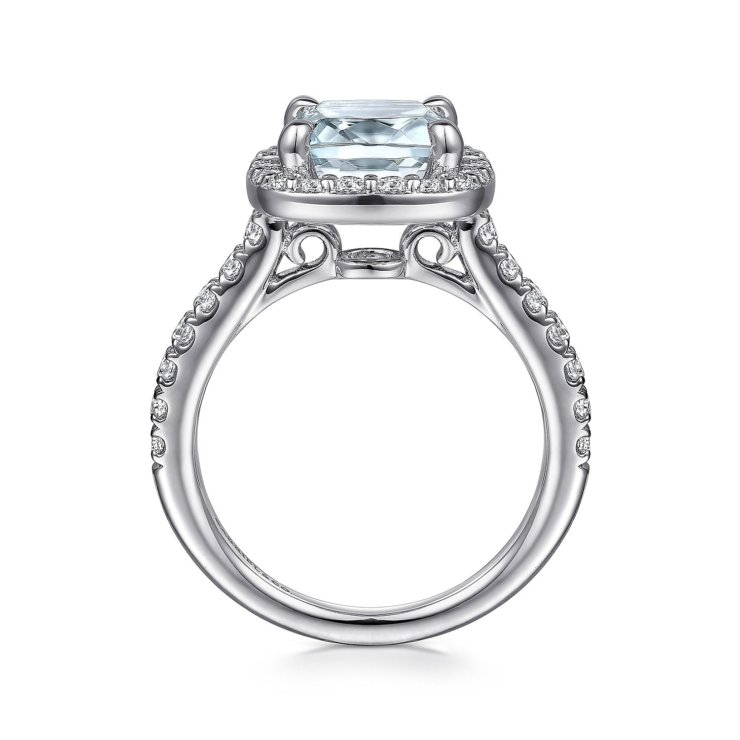 14K White Gold Cushion Halo Round Aquamarine and Diamond Engagement Ring