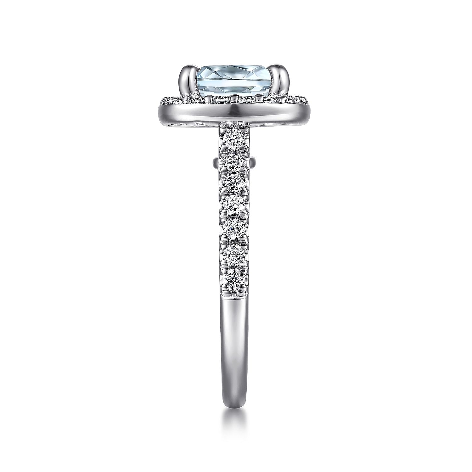 14K White Gold Cushion Halo Round Aquamarine and Diamond Engagement Ring