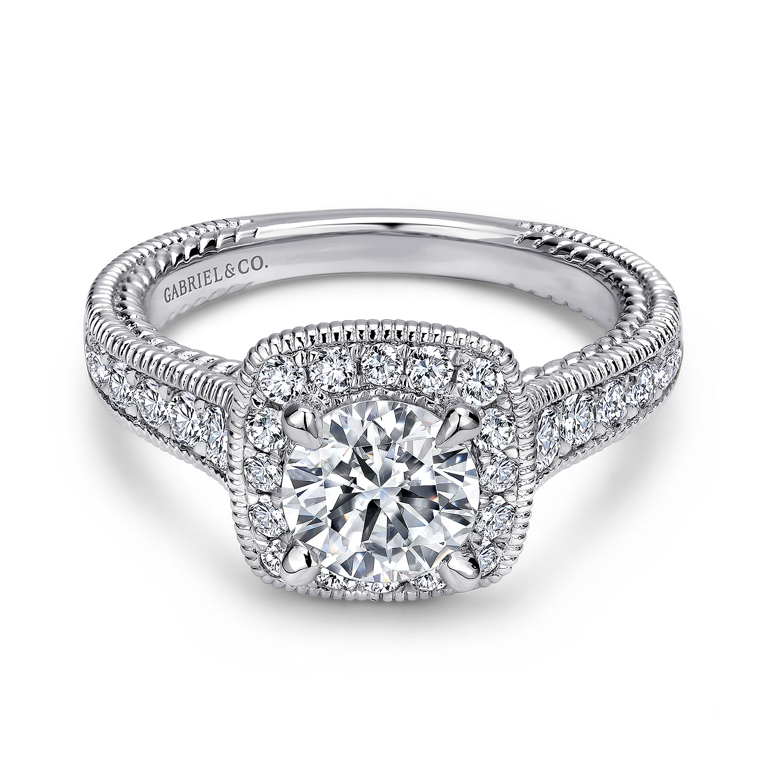 14K White Gold Cushion Halo Round Diamond Engagement Ring