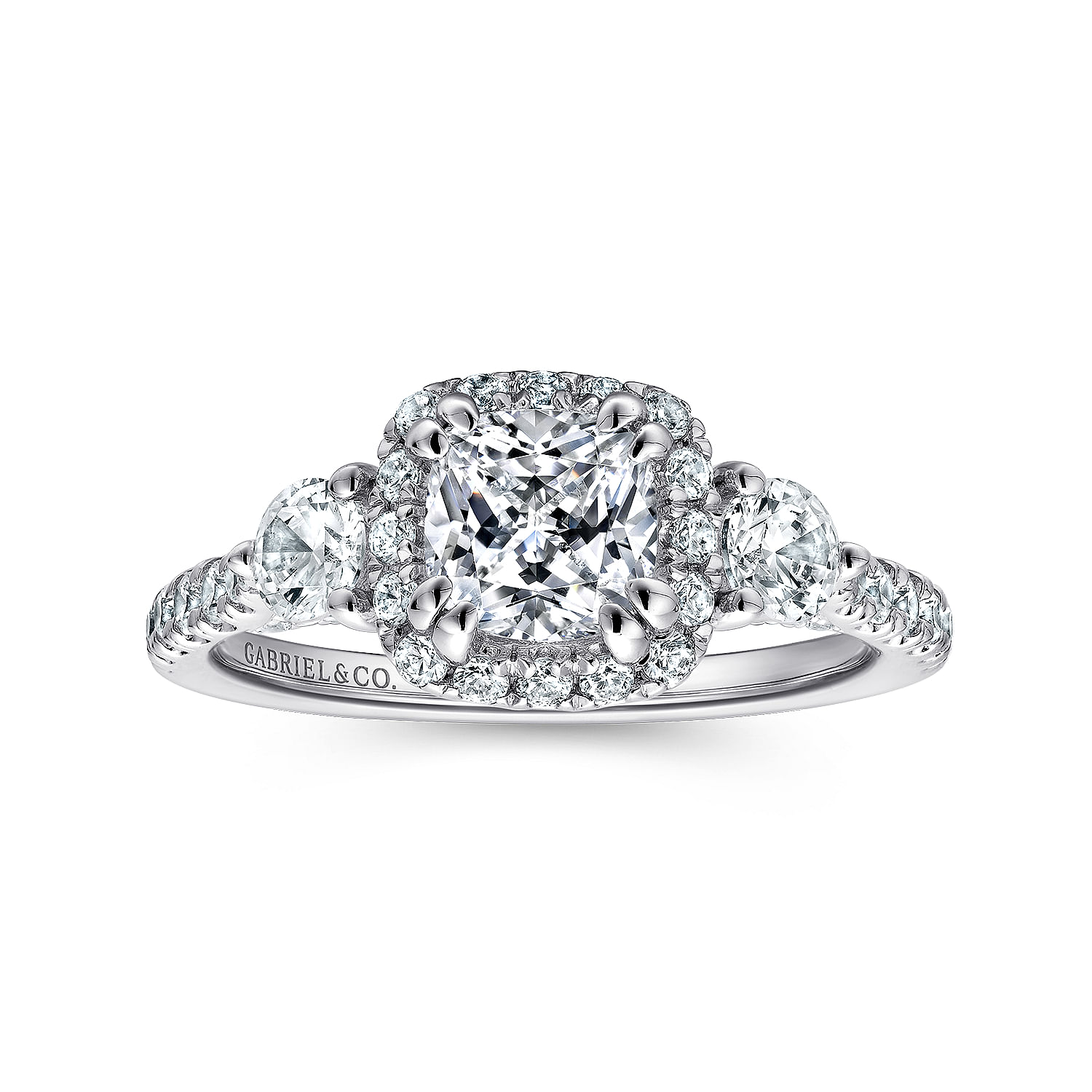 14K White Gold Cushion Halo Three Stone Diamond Engagement Ring