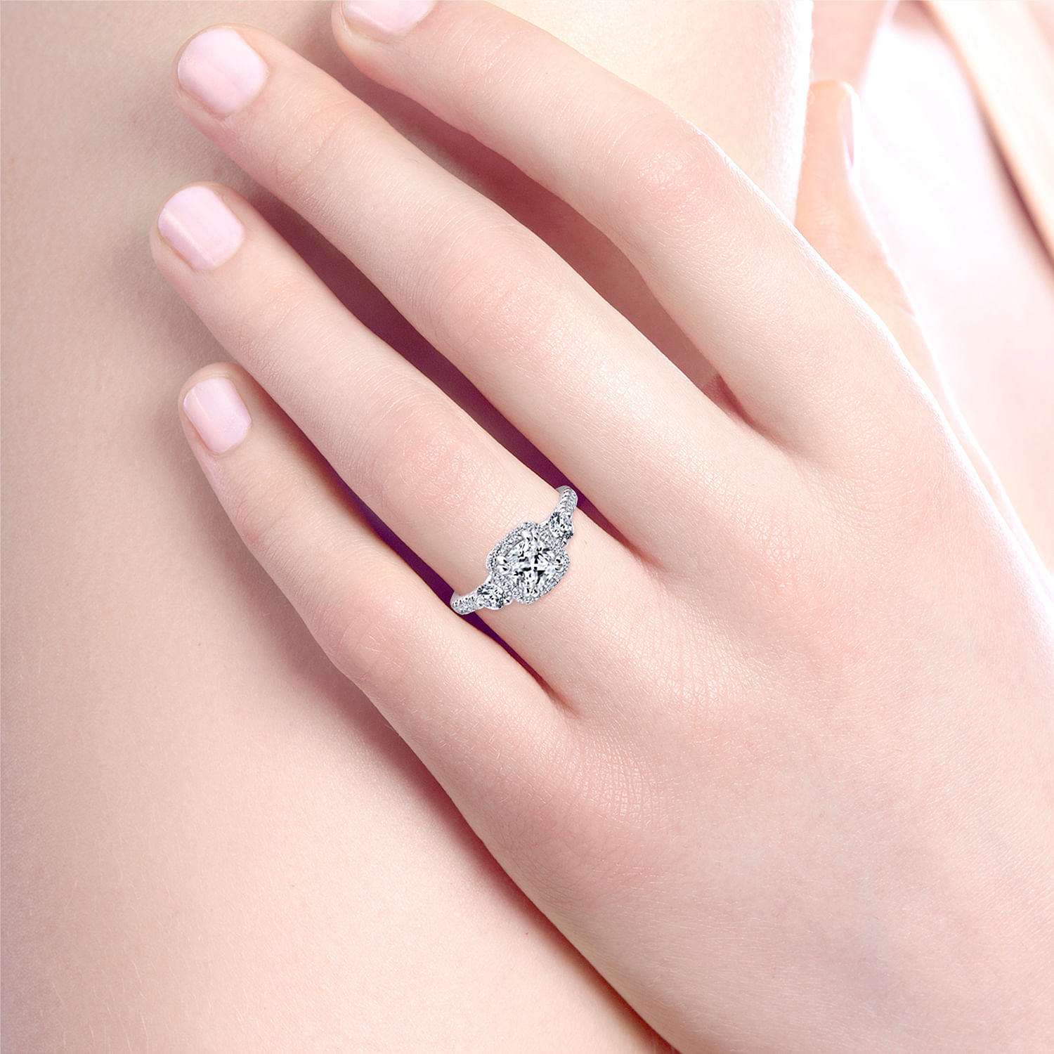 14K White Gold Cushion Halo Three Stone Diamond Engagement Ring