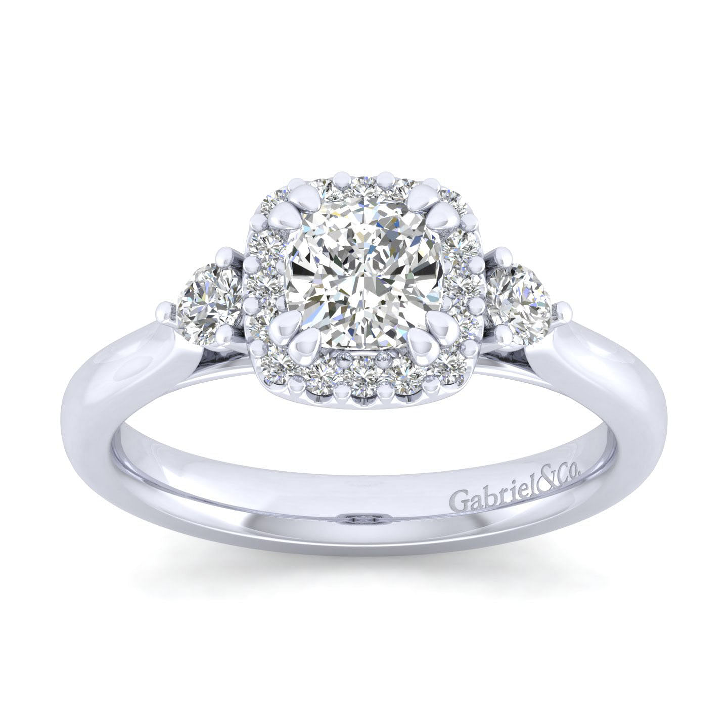 14K White Gold Cushion Three Stone Halo Diamond Engagement Ring