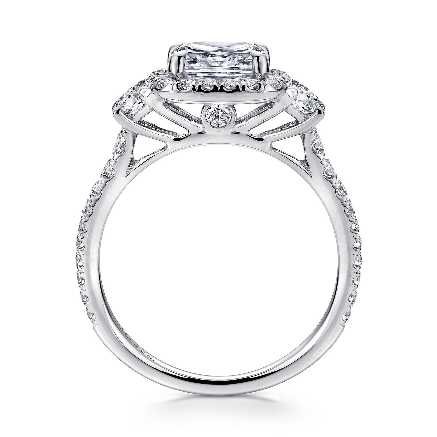 14K White Gold Cushion Three Stone Halo Diamond Engagement Ring