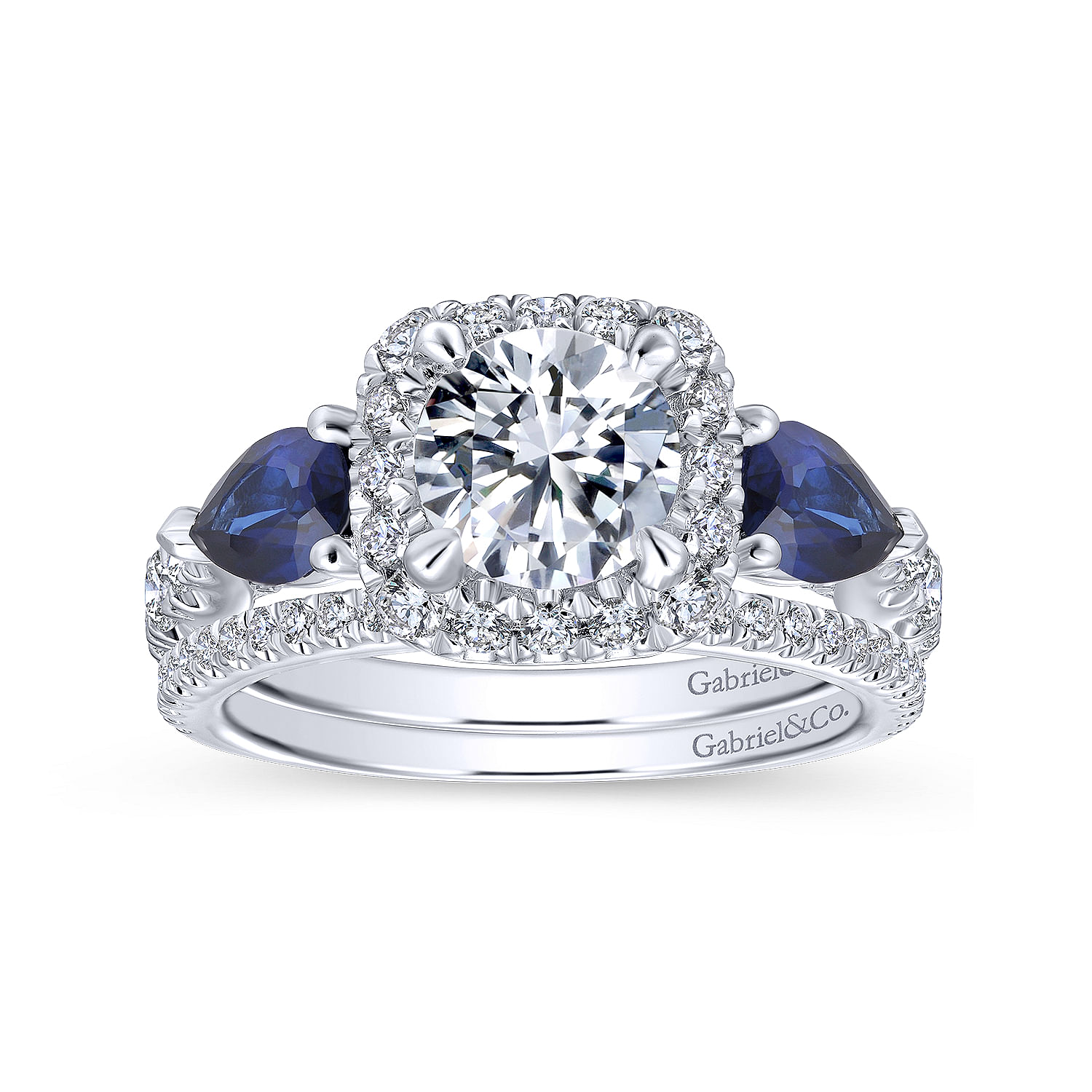 14K White Gold Cushion Three Stone Halo Round Sapphire and Diamond Engagement Ring