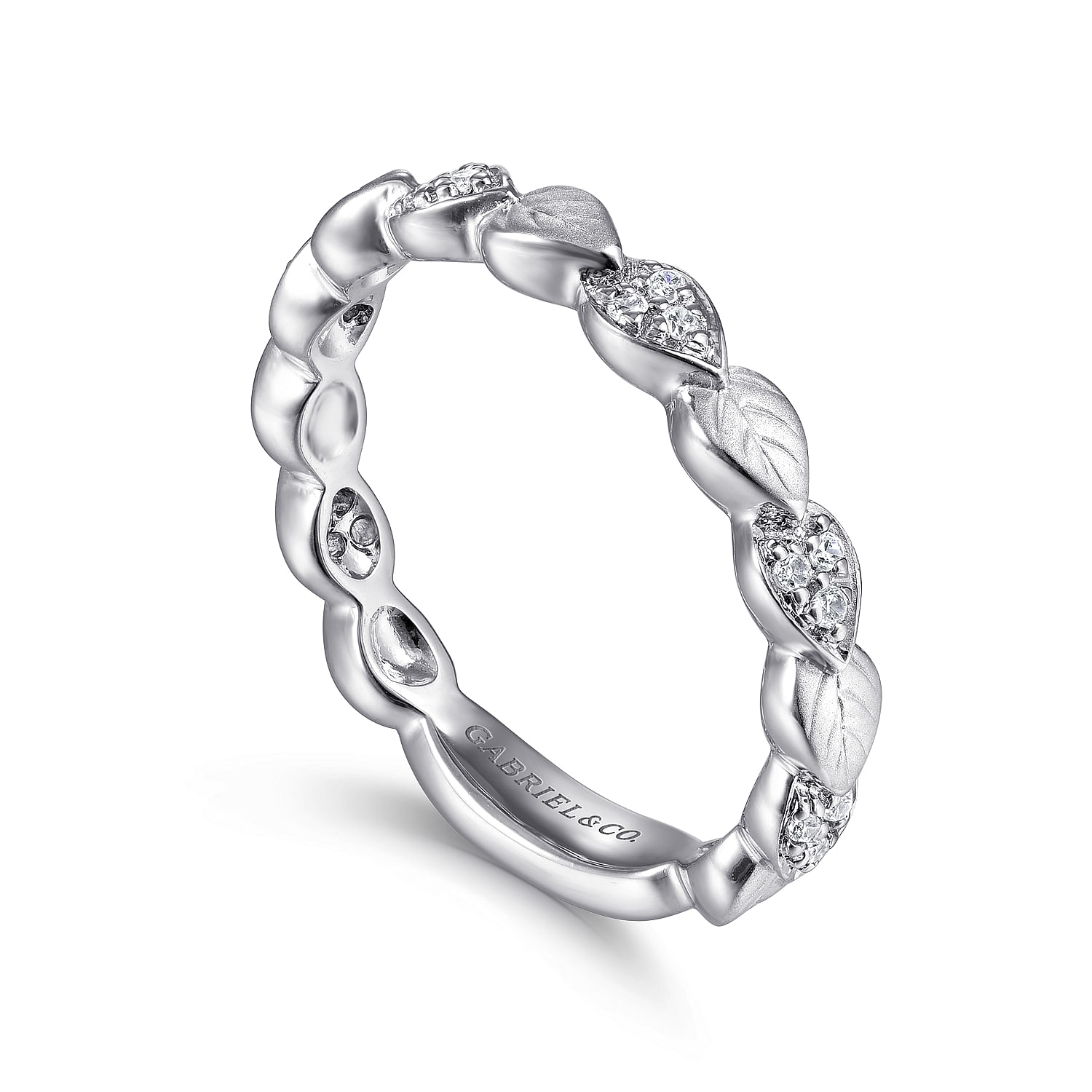 14K White Gold Delicate Leaf Stackable Diamond Band