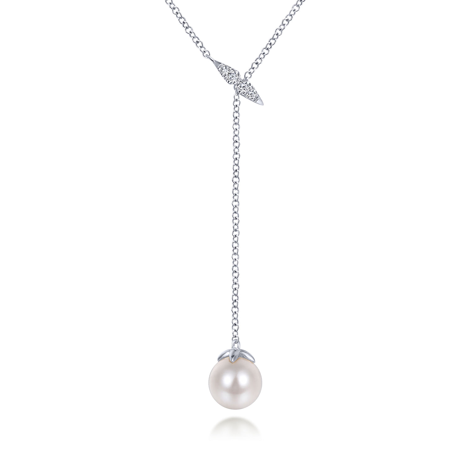 14K White Gold Diamond Bar Y Necklace with Cultured Pearl Drop