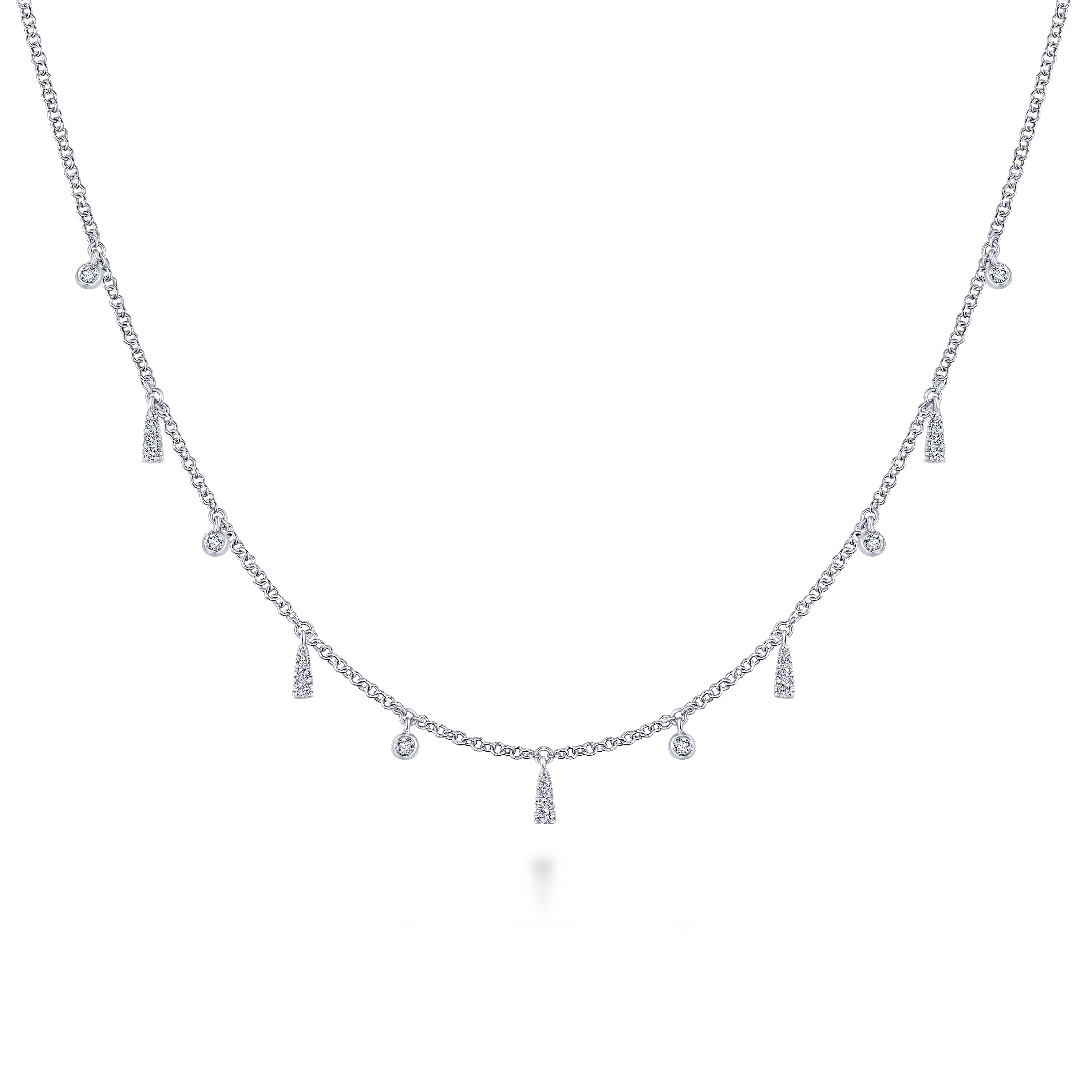 14K White Gold Diamond Choker Necklace with Diamond Bezel and Bar Drops