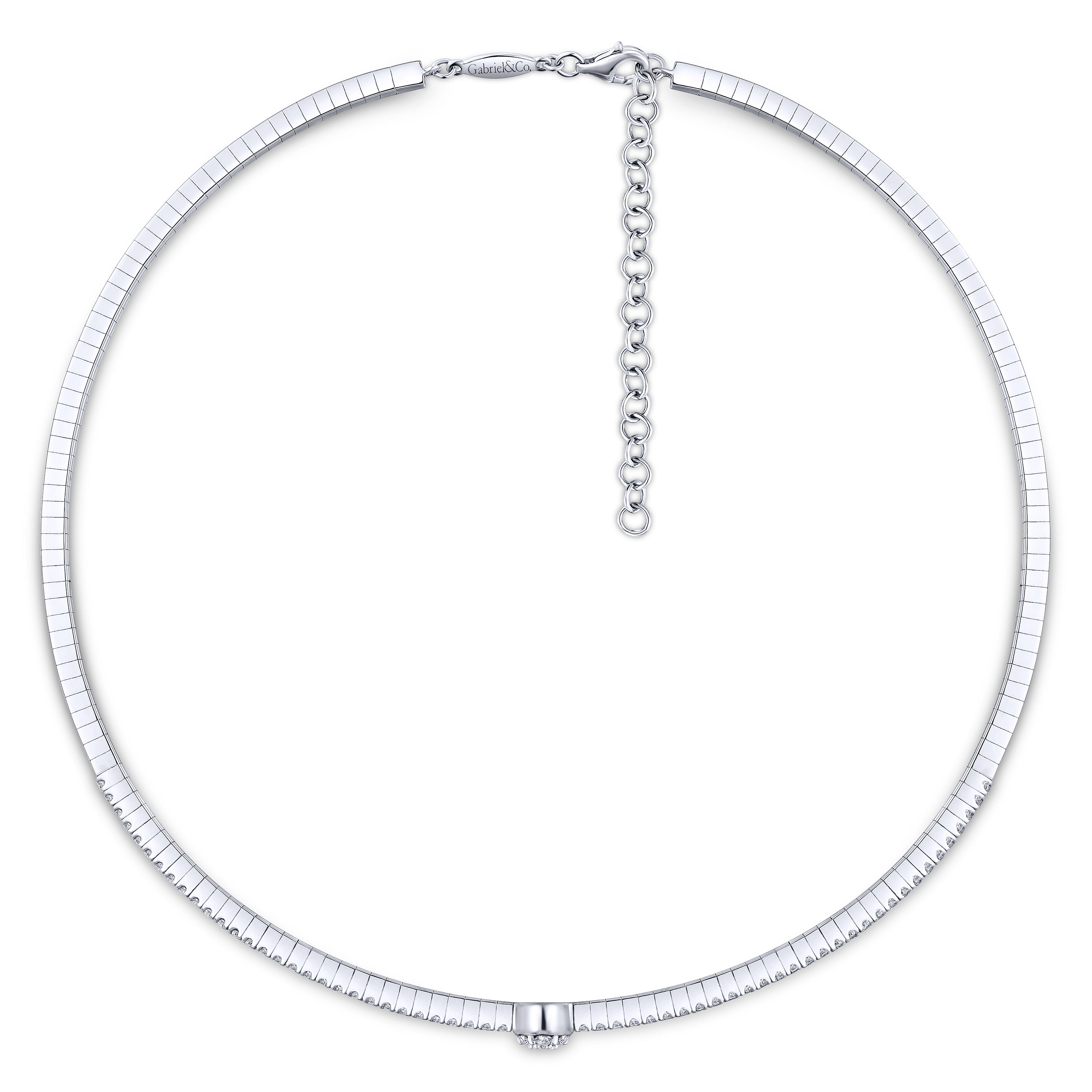 14K White Gold Diamond Choker Necklace with Round Cluster Station