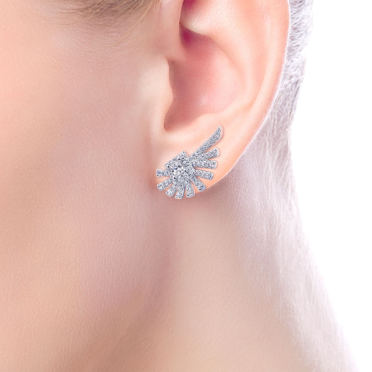 14K White Gold Diamond Fan Ear Climber Earrings
