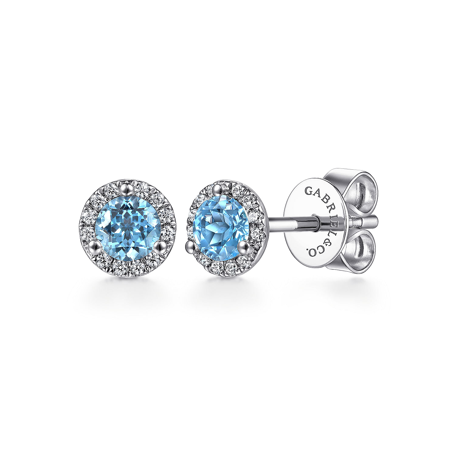 14K White Gold Diamond Halo & Swiss Blue Topaz Stud Earring