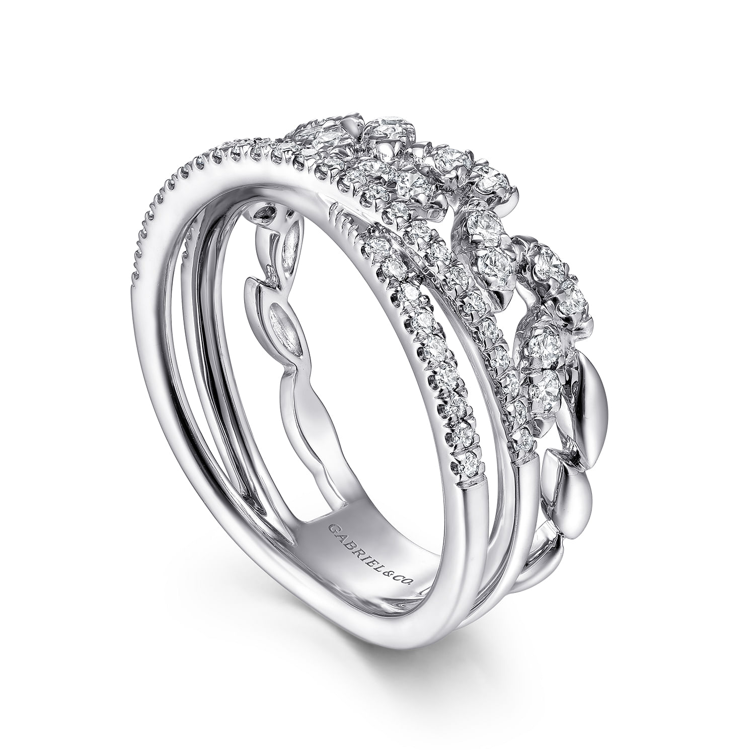 14K White Gold Diamond Leaf Cluster and Criss Cross Ring