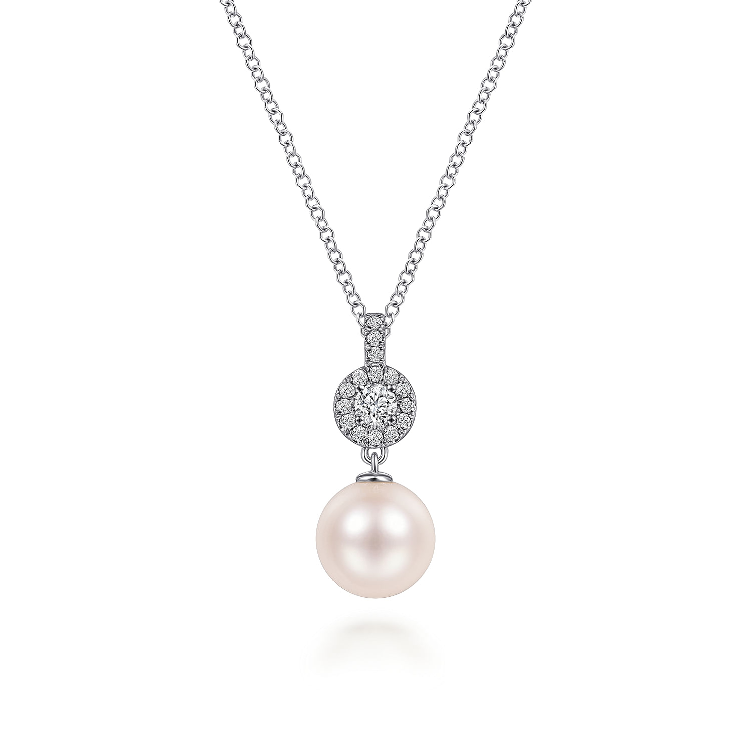 14K White Gold Diamond Pavé Halo and Pearl Drop Pendant Necklace 