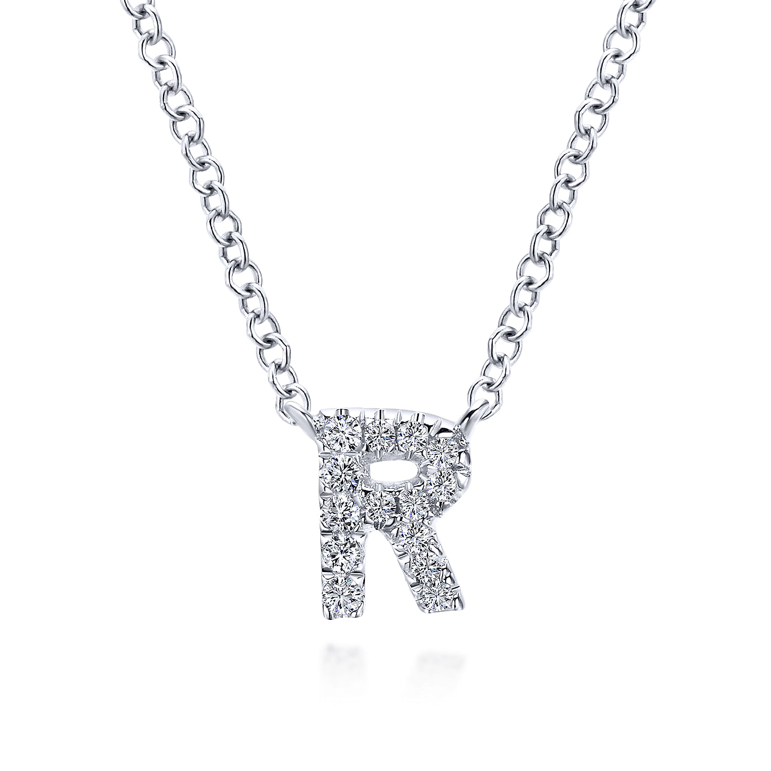 14K White Gold Diamond R Initial Pendant Necklace