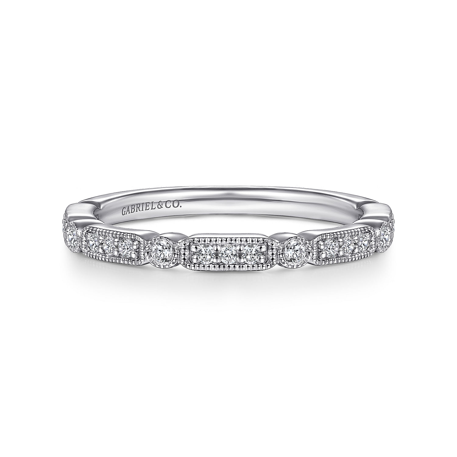 14K White Gold Diamond Station Stackable Anniversary Band with Millgrain