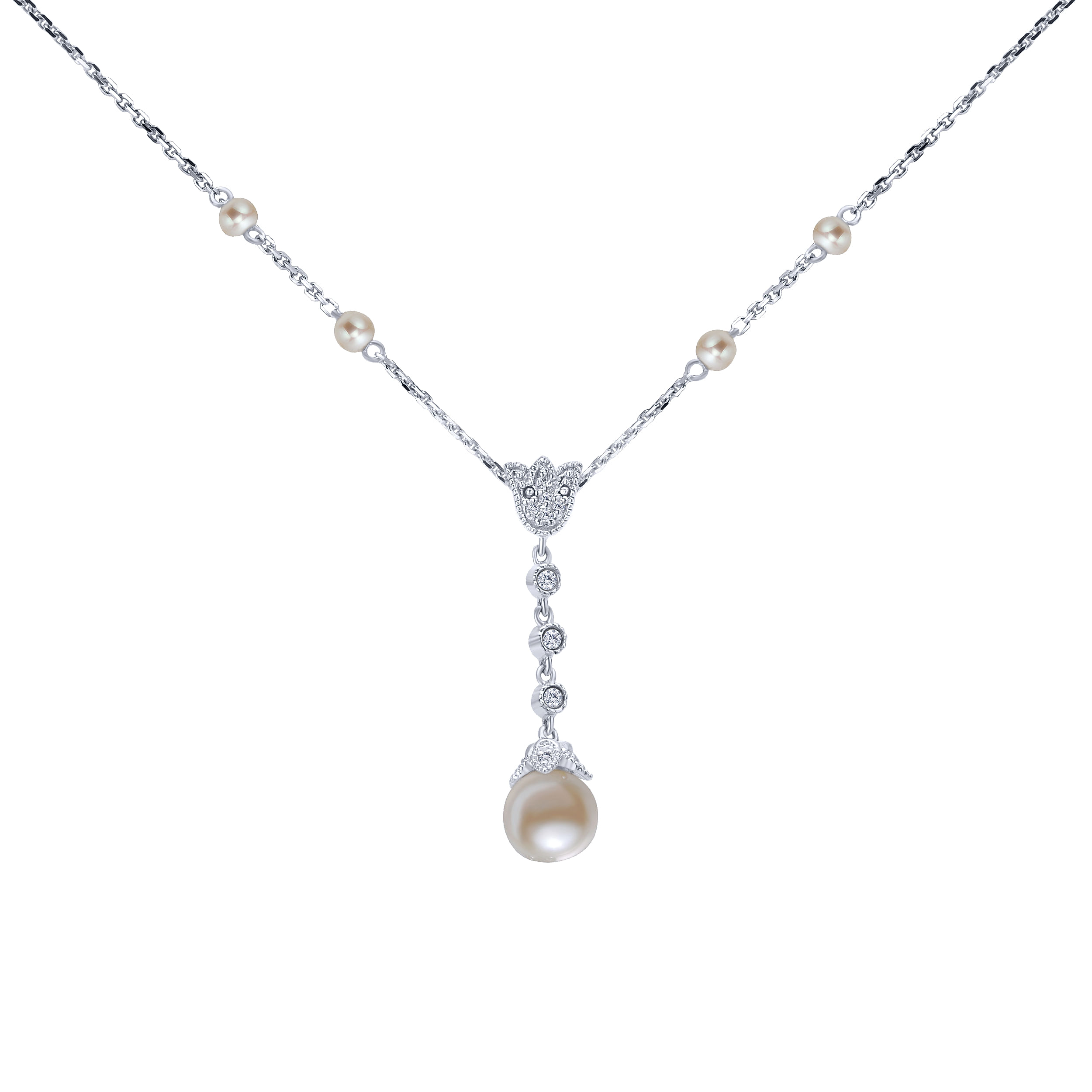 14K White Gold Diamond and Cultured Pearl Y Knot Necklace
