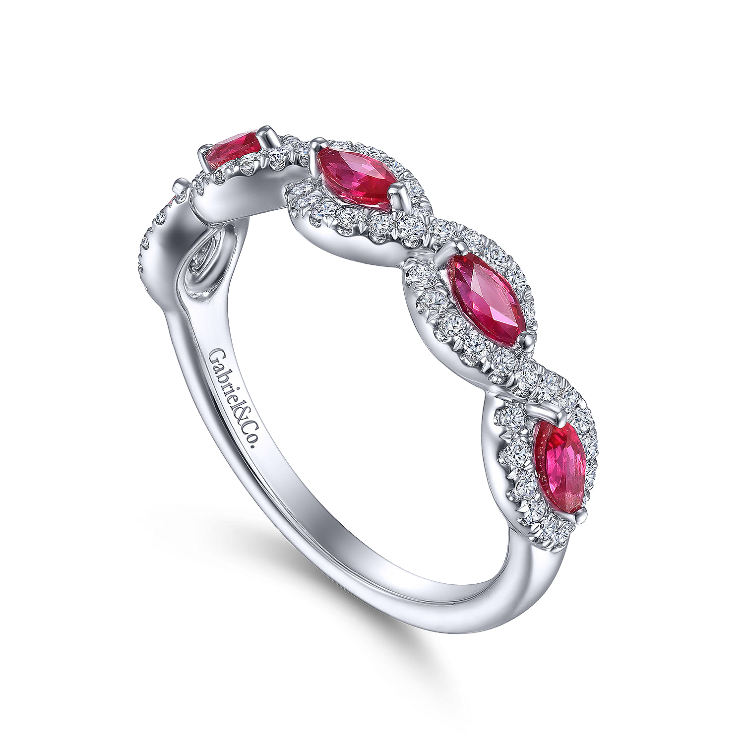 14K White Gold Diamond and Marquise Ruby Twisted Ring