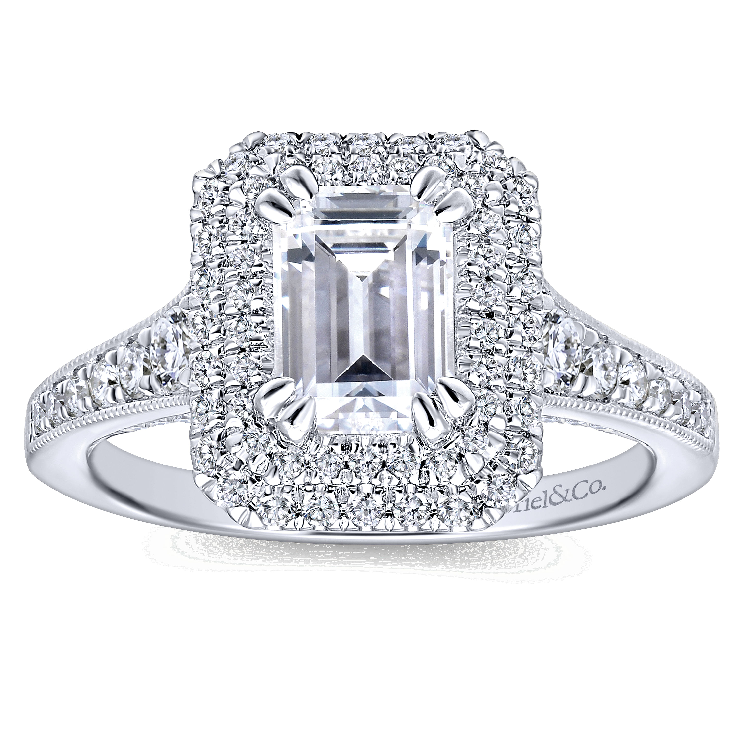 14K White Gold Double Halo Emerald Cut Diamond Engagement Ring