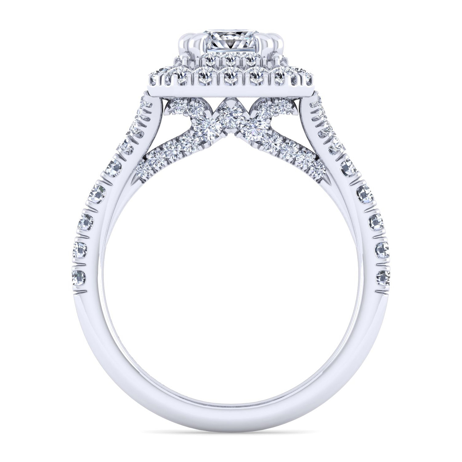 14K White Gold Double Halo Emerald Cut Diamond Engagement Ring