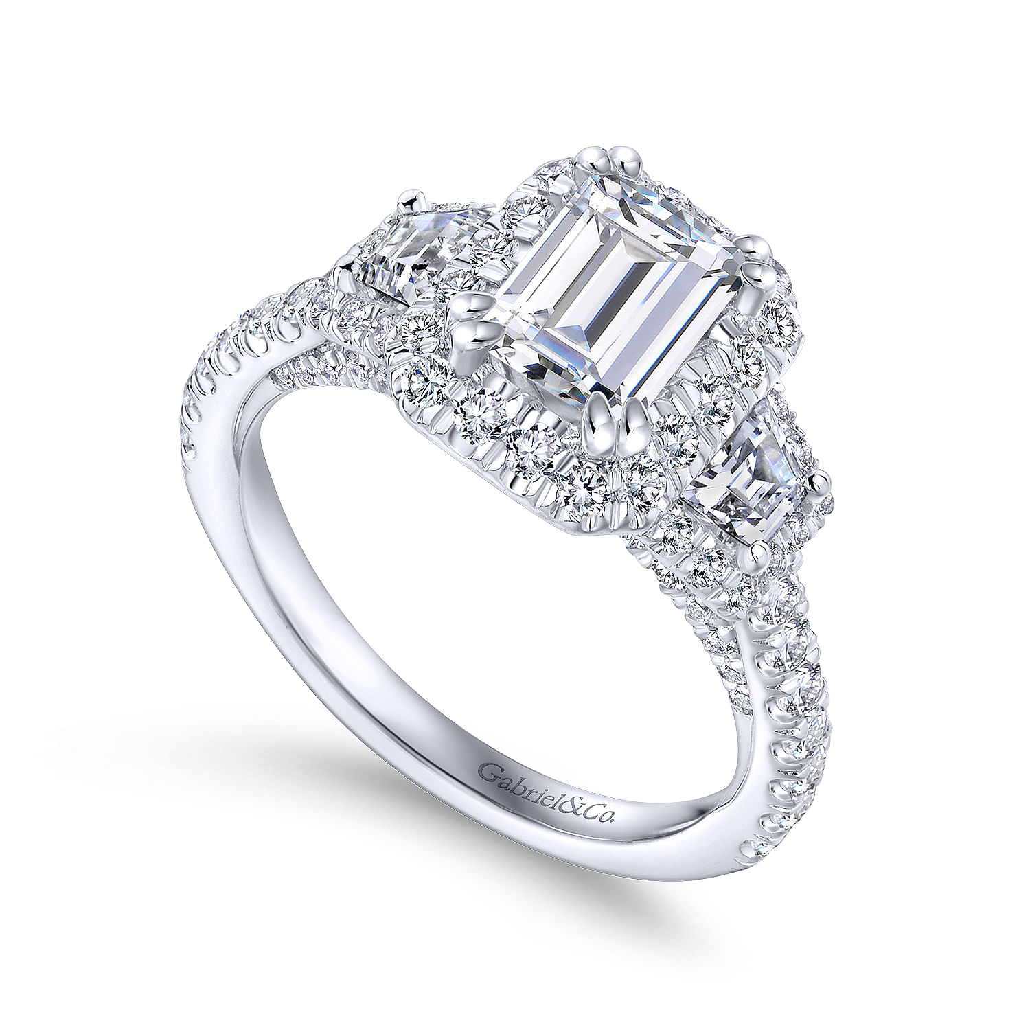 14K White Gold Emerald Cut 3 Stone Halo Diamond Engagement Ring