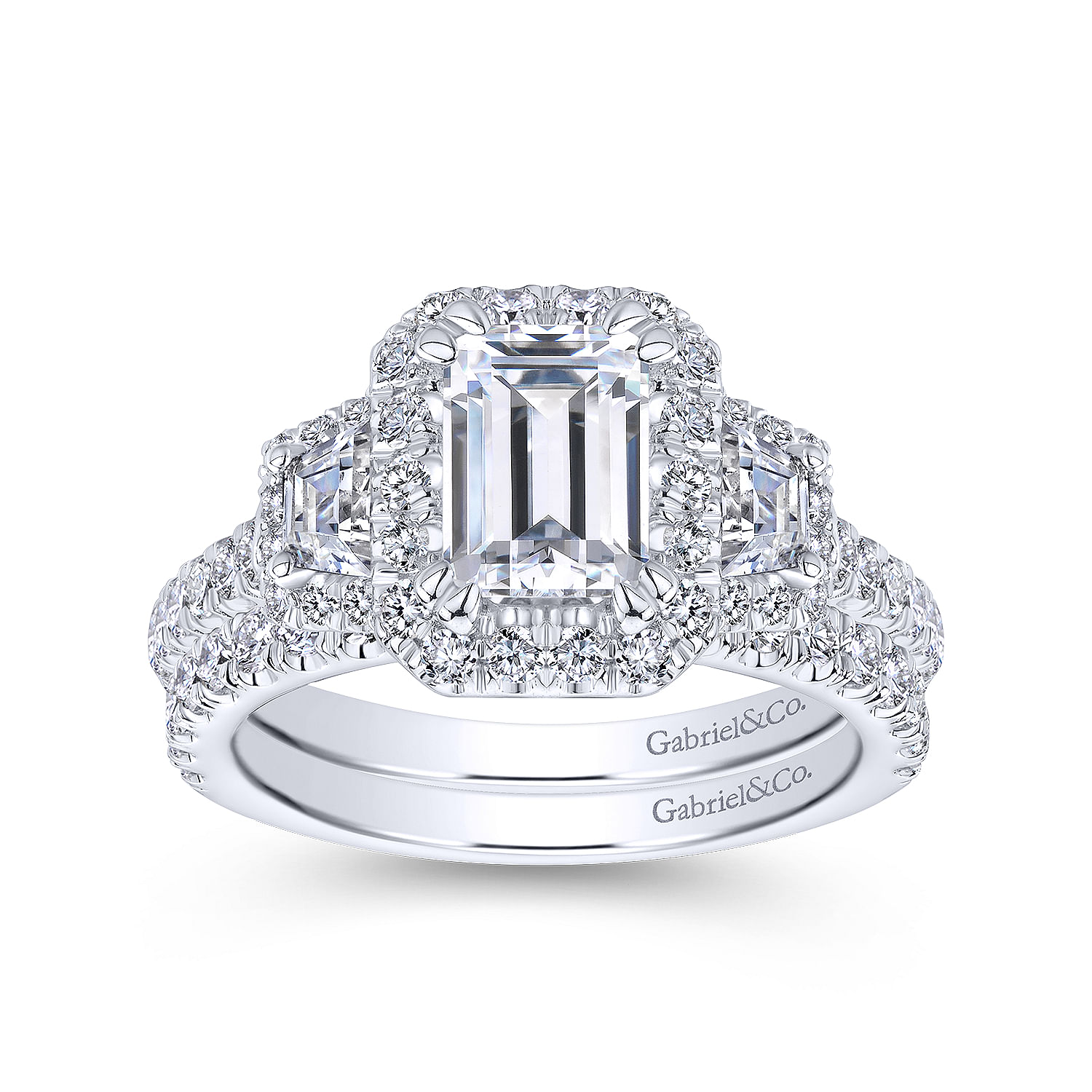 14K White Gold Emerald Cut 3 Stone Halo Diamond Engagement Ring