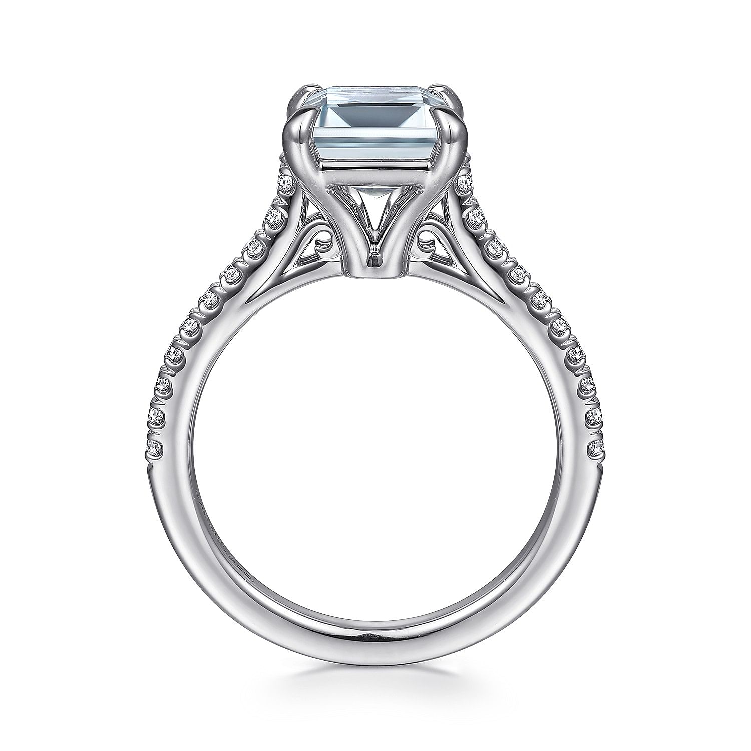 14K White Gold Emerald Cut Aquamarine and Diamond Engagement Ring