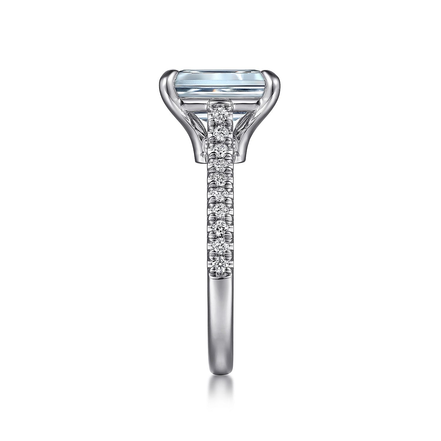 14K White Gold Emerald Cut Aquamarine and Diamond Engagement Ring