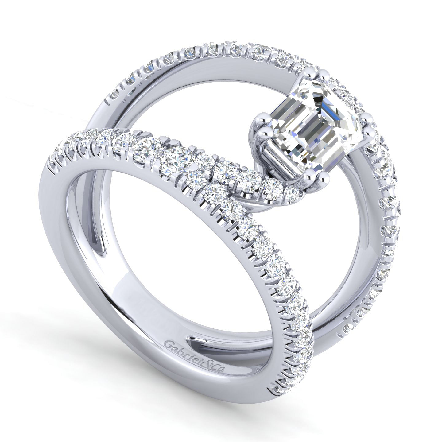 14K White Gold Emerald Cut Freeform Diamond Engagement Ring