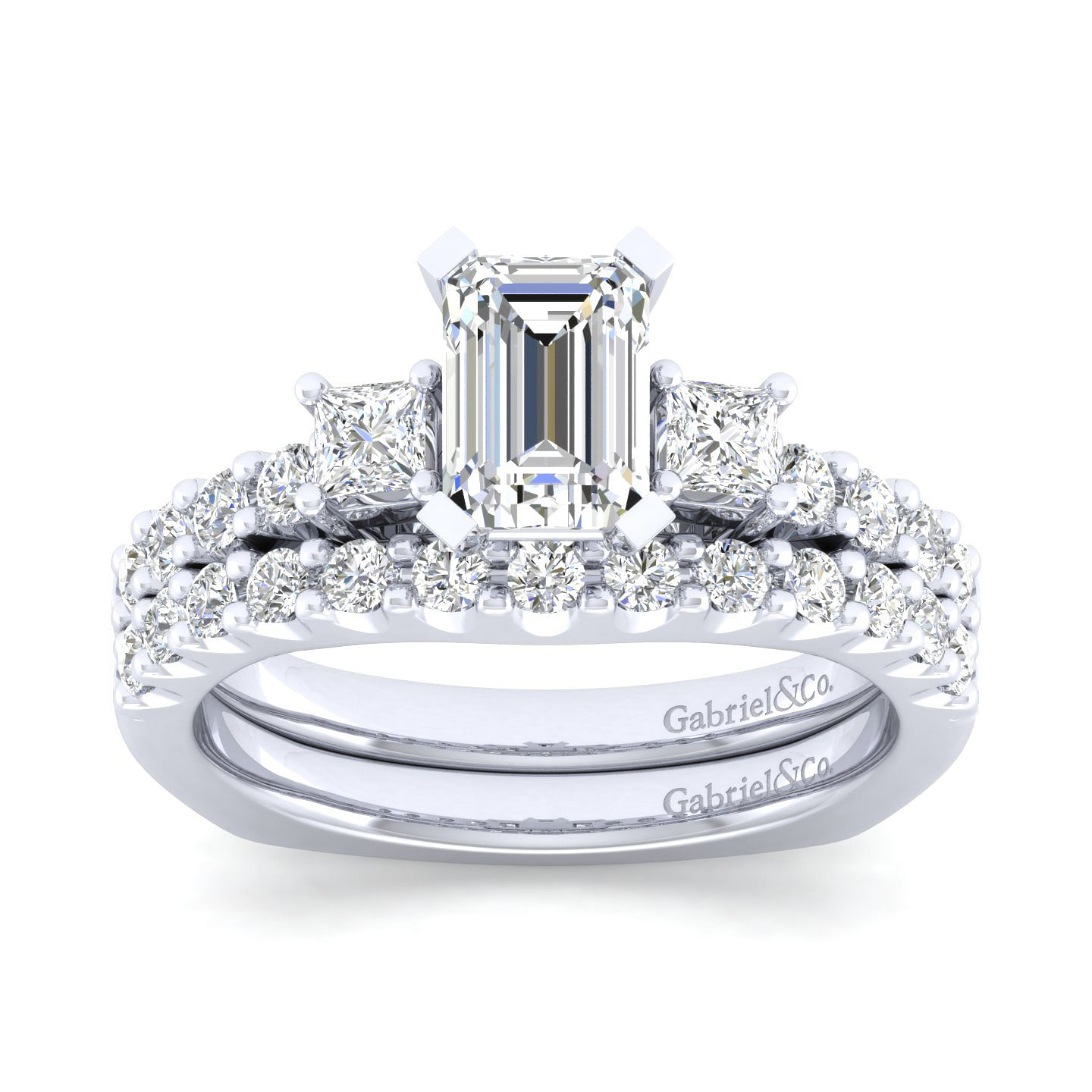 14K White Gold Emerald Cut Three Stone Diamond Engagement Ring