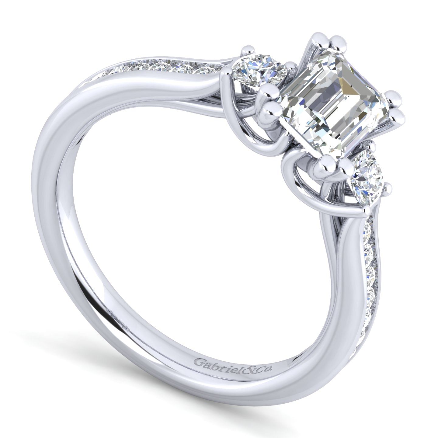 14K White Gold Emerald Cut Three Stone Diamond Engagement Ring