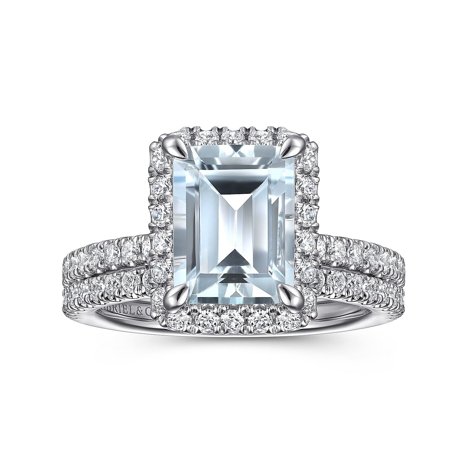 14K White Gold Emerald Halo Aquamarine and Diamond Engagement Ring