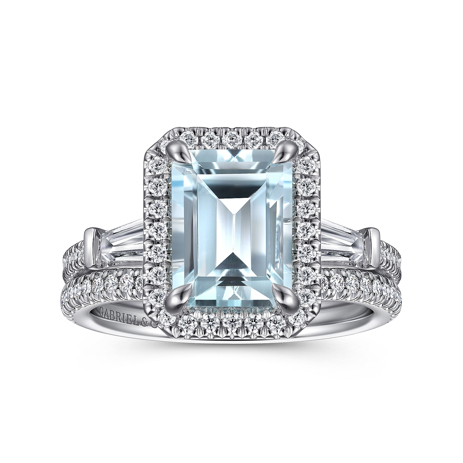 14K White Gold Emerald Three Stone Halo Aquamarine and Diamond Engagement Ring