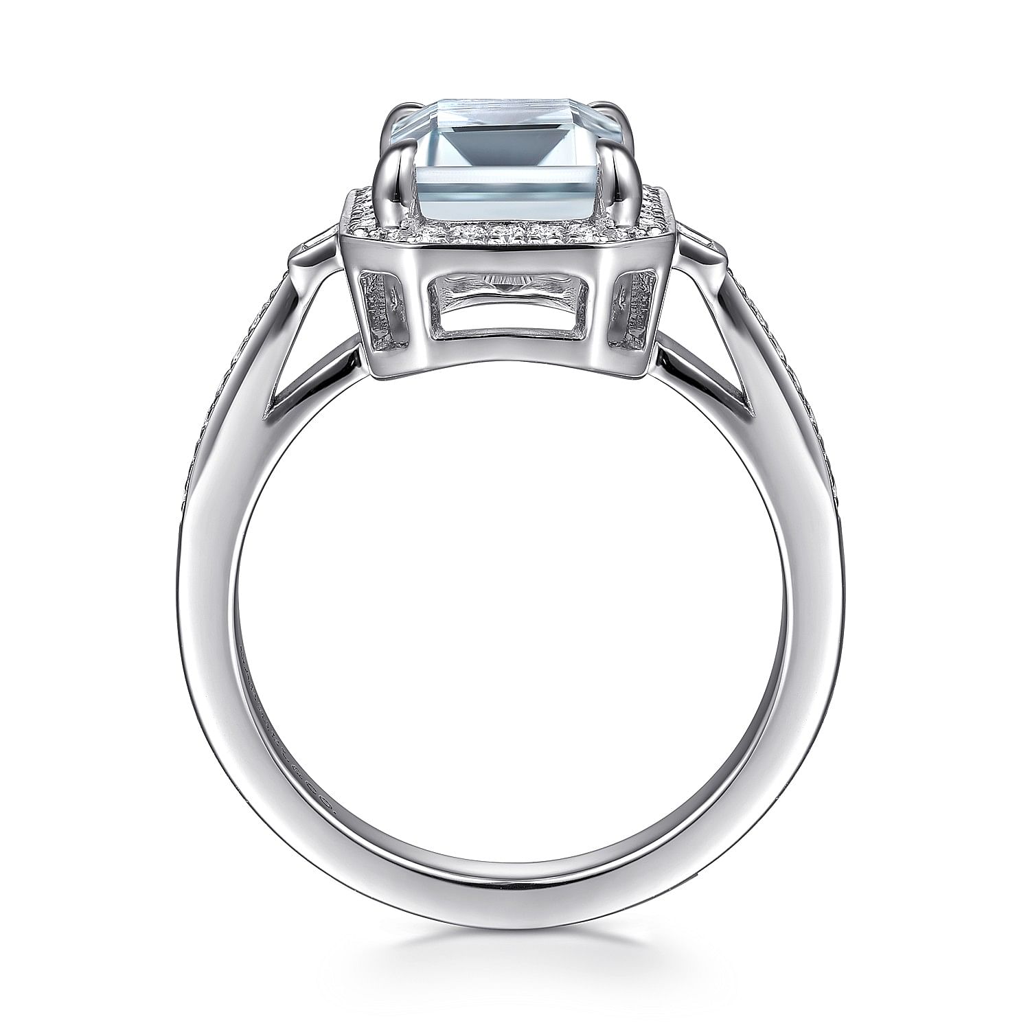 14K White Gold Emerald Three Stone Halo Aquamarine and Diamond Engagement Ring
