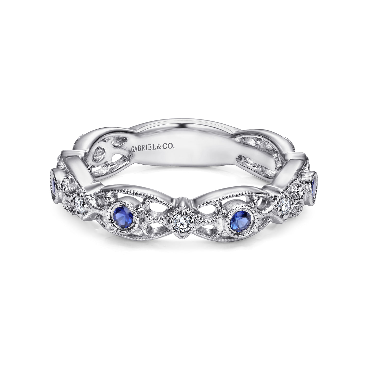 14K White Gold Filigree Band with Sapphire and Diamond Stations