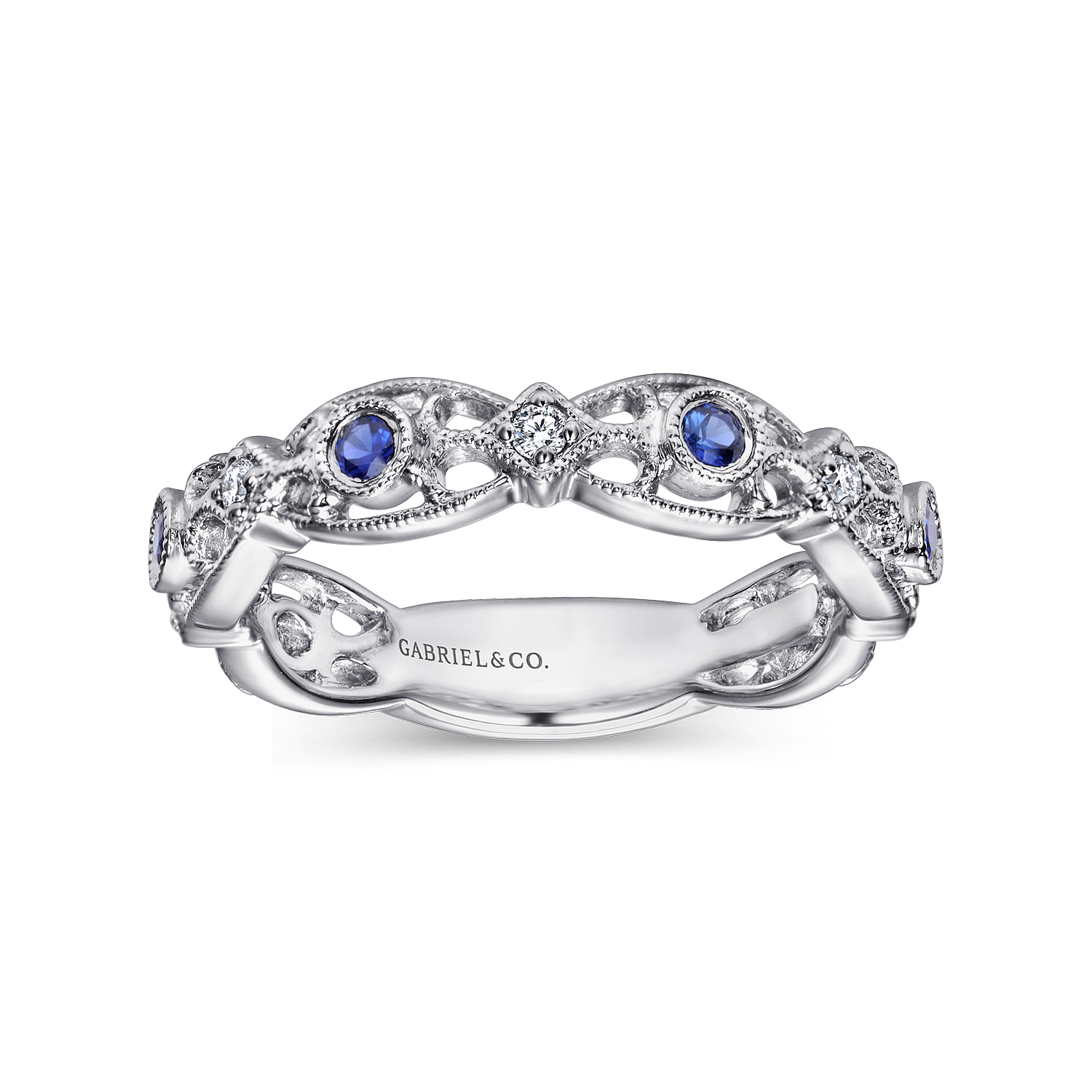 14K White Gold Filigree Band with Sapphire and Diamond Stations