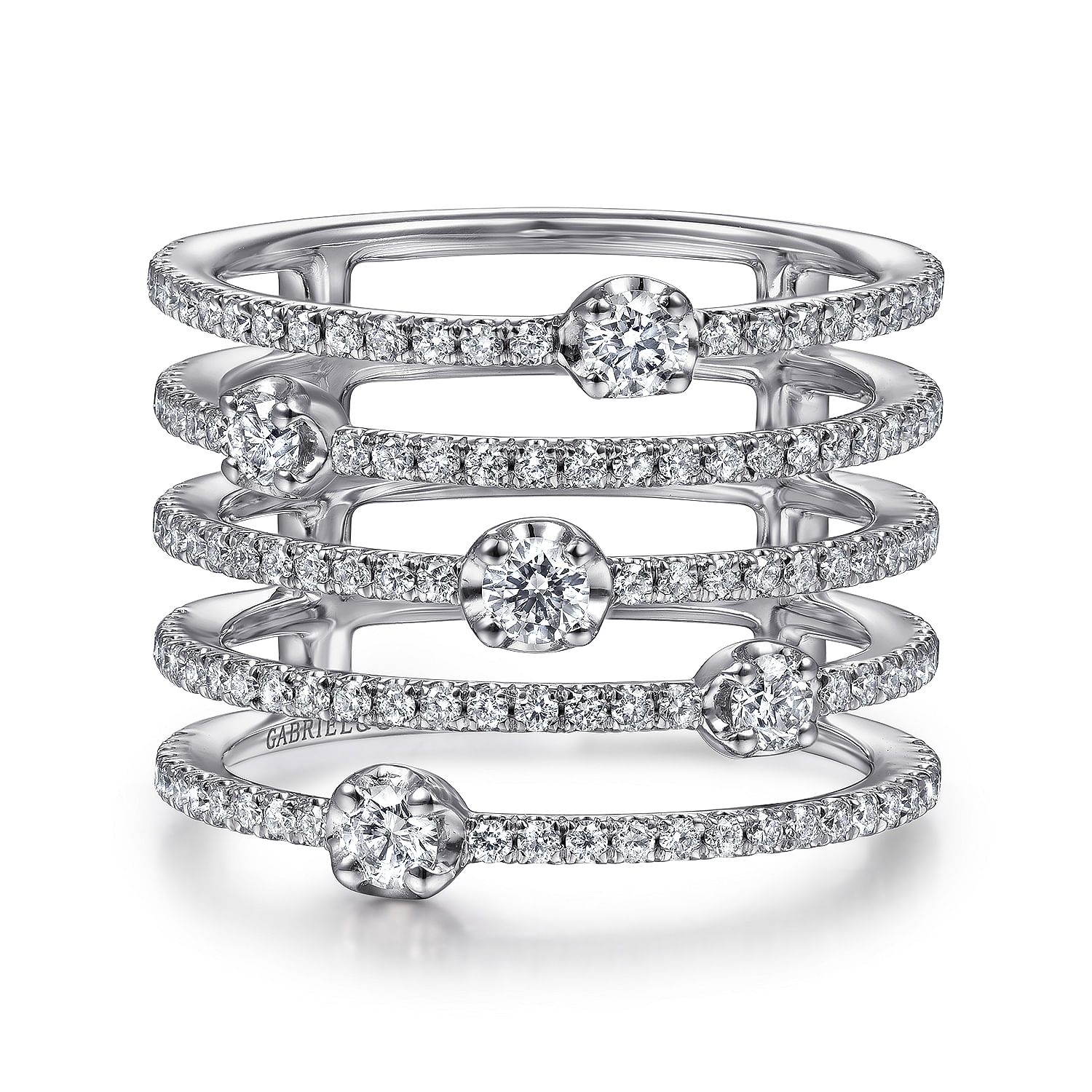 14K White Gold Five Row Diamond Station Wide Band