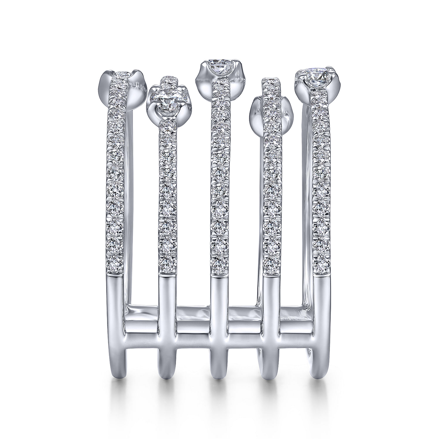 14K White Gold Five Row Diamond Station Wide Band