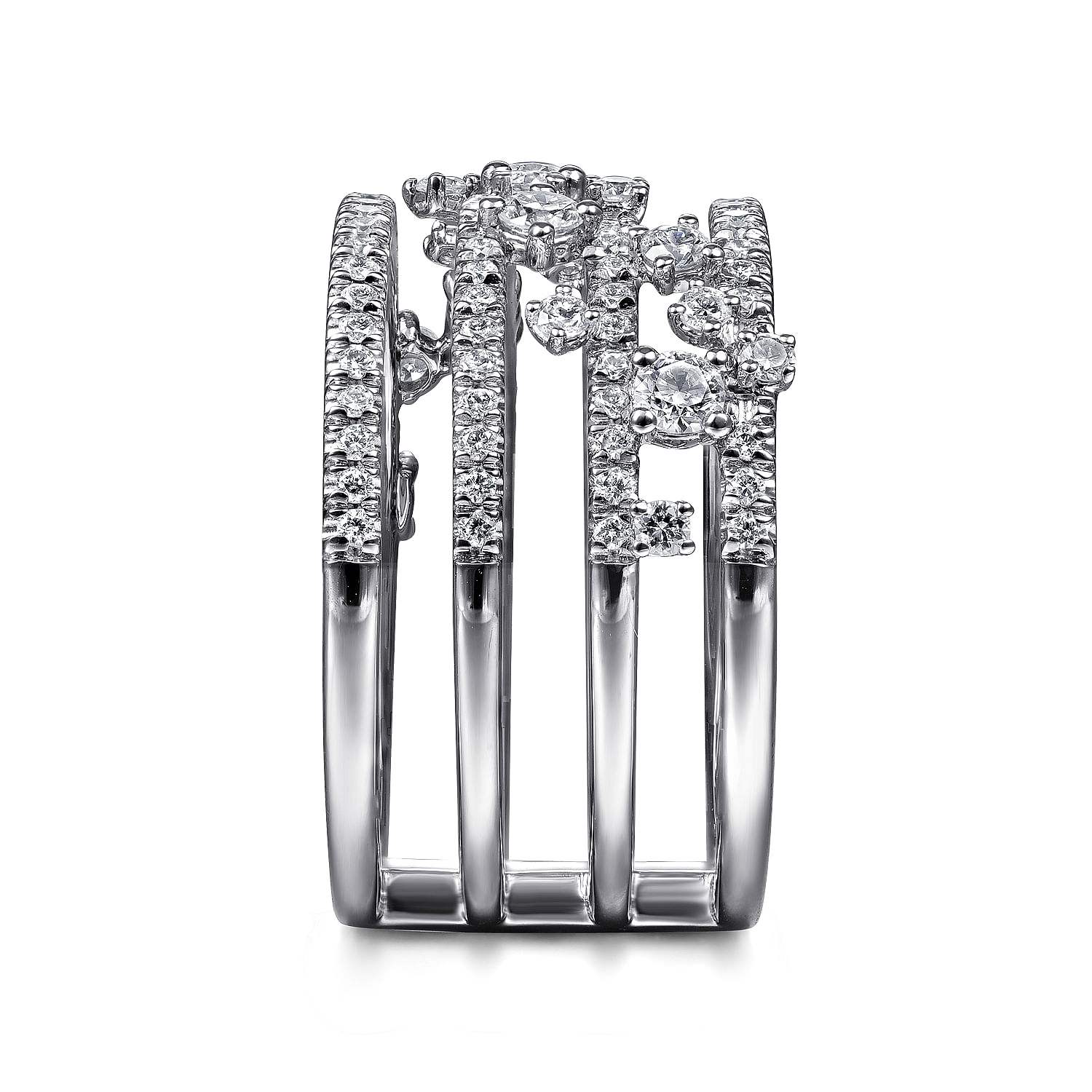 14K White Gold Five Row Pavé Ring with Cluster Diamond Accent