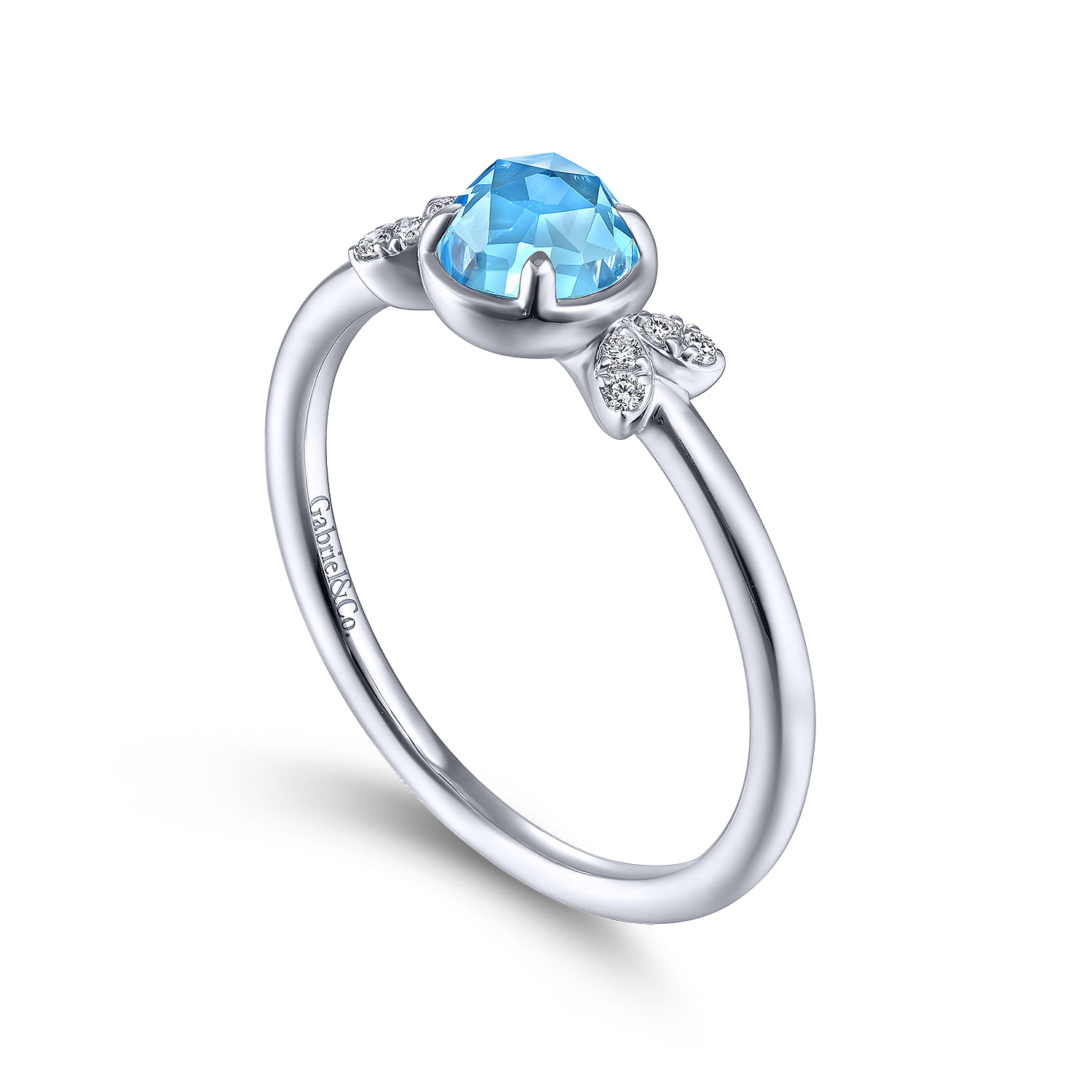 14K White Gold Floral Blue Topaz Diamond Ring
