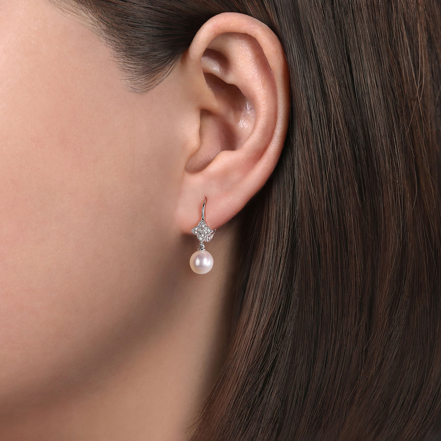 14K White Gold Floral Diamond Pearl Drop Earrings