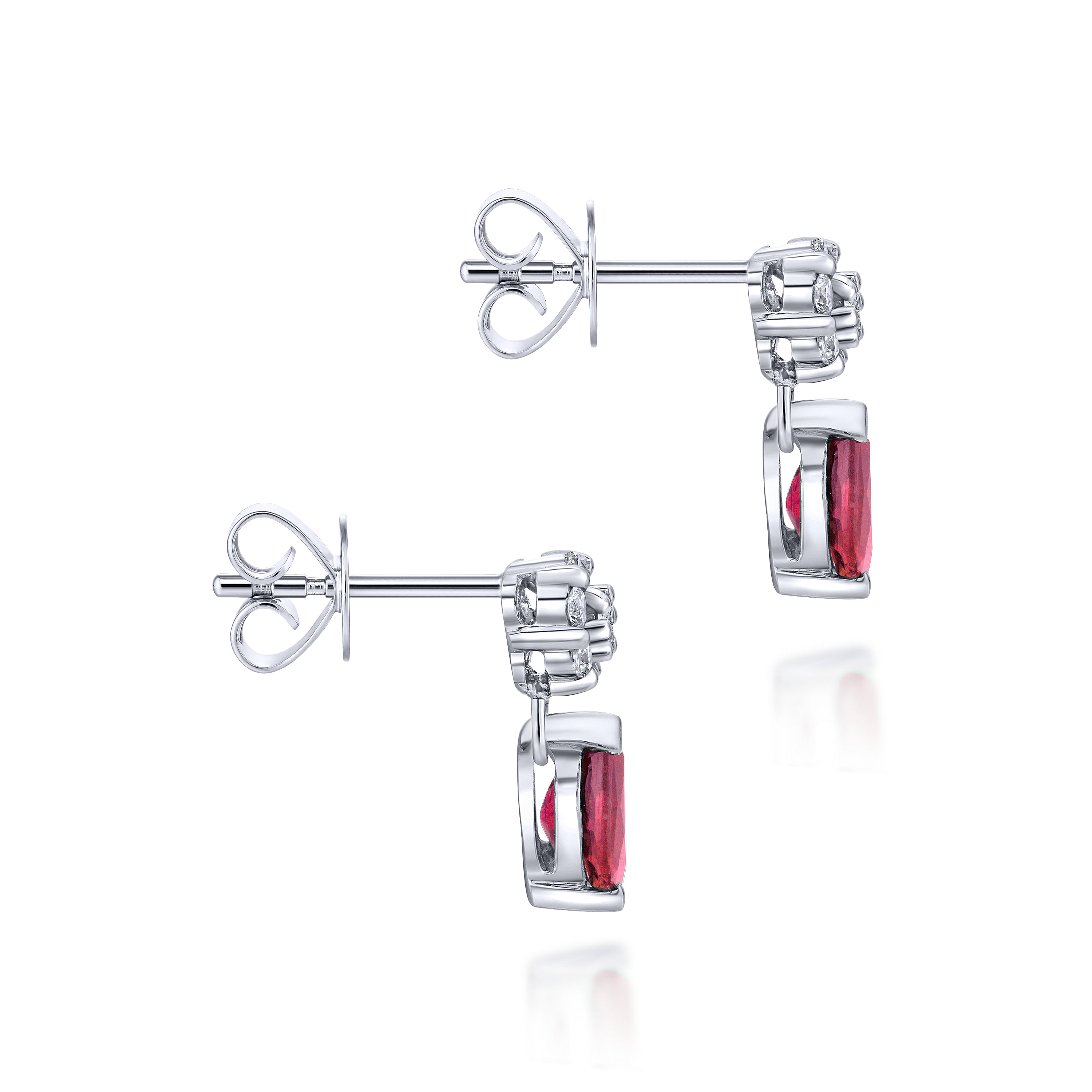 14K White Gold Floral Diamond Stud Earrings with Pear Shaped Ruby Drops