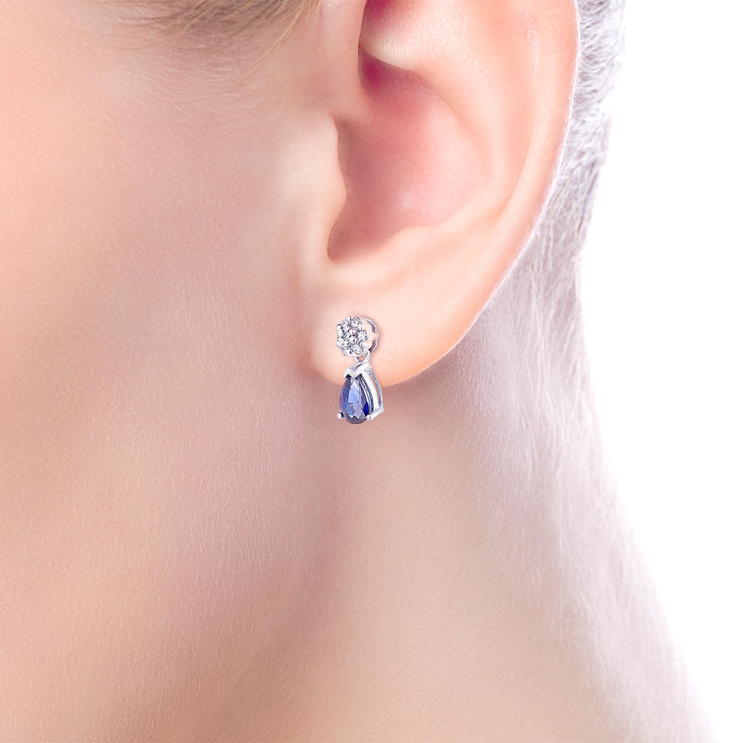 14K White Gold Floral Diamond Stud Earrings with Pear Shaped Sapphire Drops