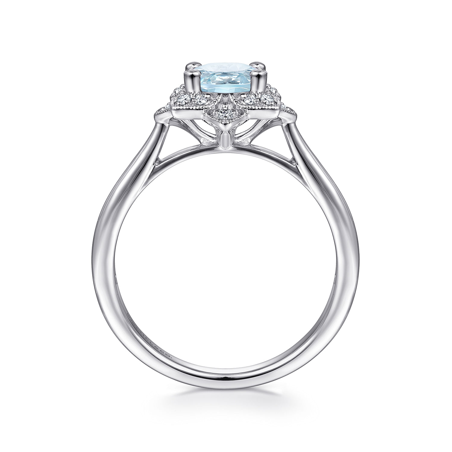 14K White Gold Flower Halo Aquamarine and Diamond Ring