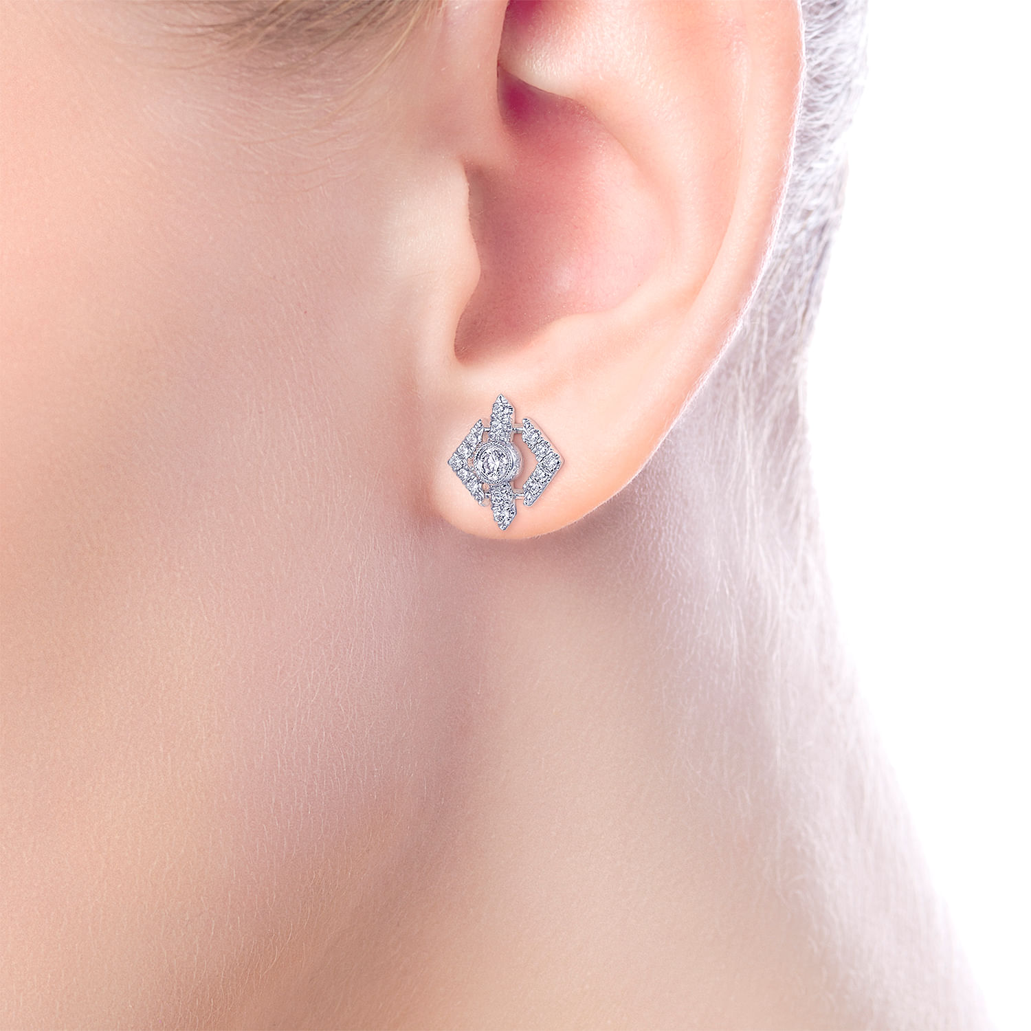 14K White Gold Geometric Diamond Stud Earrings