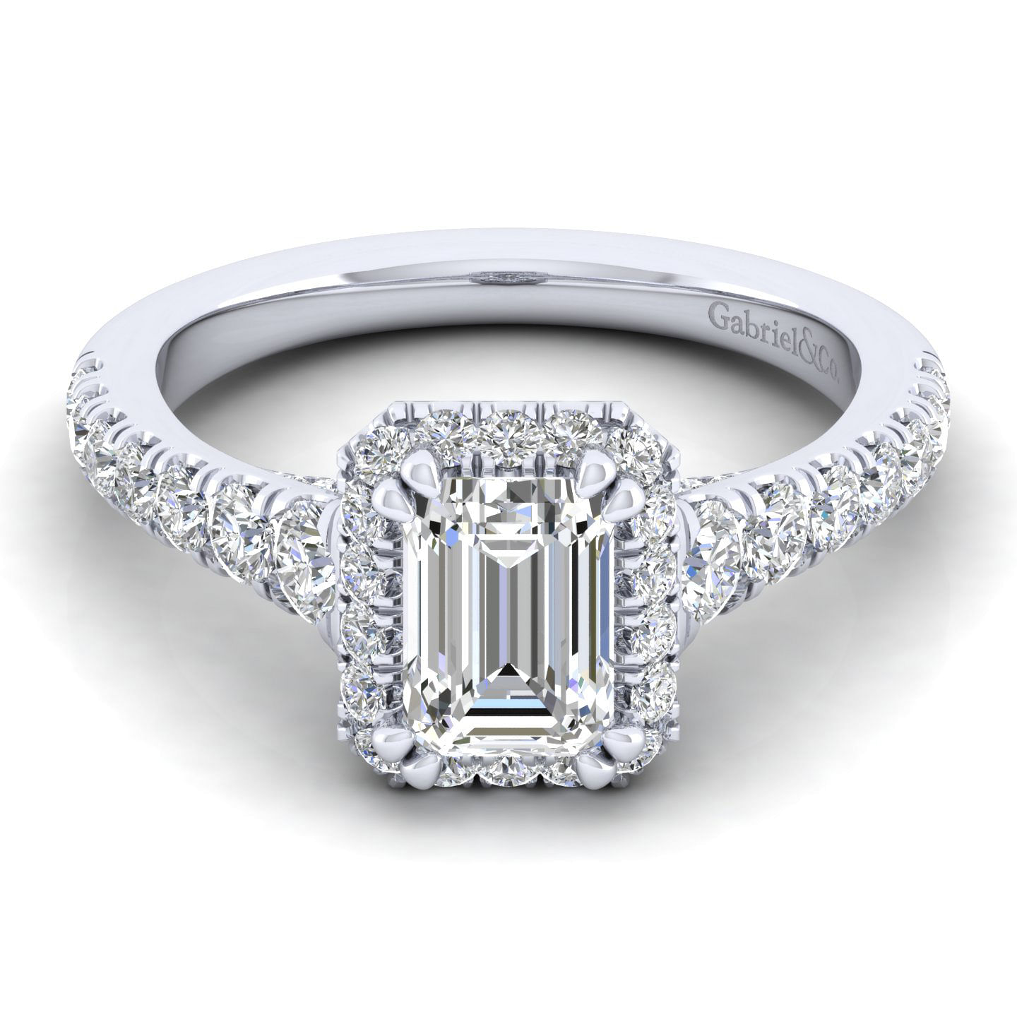 14K White Gold Halo Emerald Cut Diamond Engagement Ring